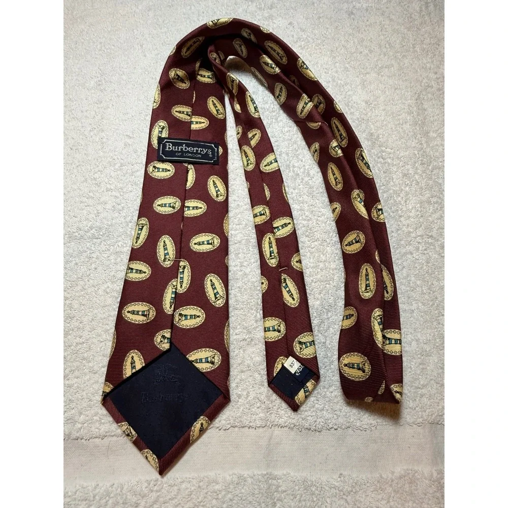 Burberrys of London Mens Silk Tie Burgundy Lighthouse Nautical Hand Sewn USA